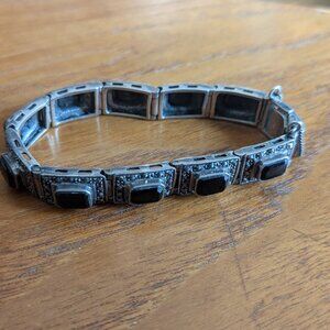 Vintage Art Deco Sterling Silver 925 Black Onyx Marcasite Link Bracelet